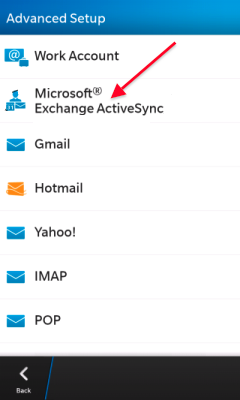 Pokračujte kliknutím na Microsoft Exchange ActiveSync
