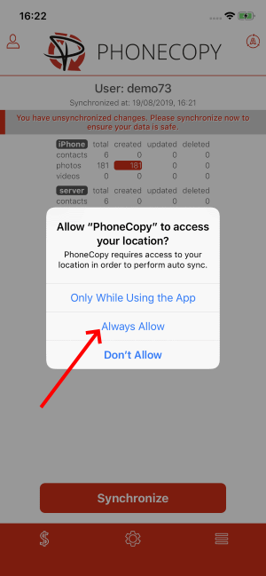 Approve access to location for PhoneCopy App