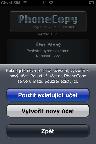 Zvolte Použít existující účet
