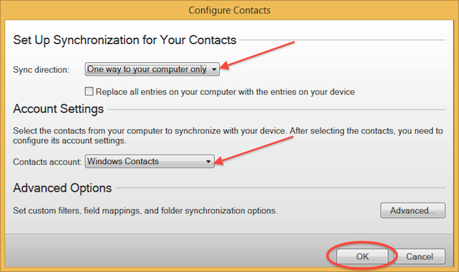 Vyberte Sync direction, Contacts account a stiskněte OK