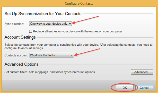 Select Sync direction, Contacts account and press OK
