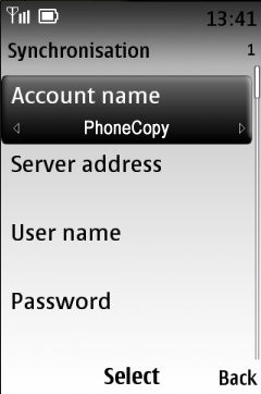 Vyberte Account name a napište PhoneCopy,Napište http://www.phonecopy.com/sync do kolonky server address a Napište Vaše uživatelské jméno do kolonky username