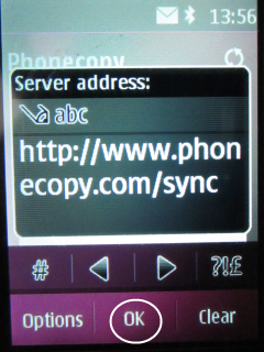 Type http://www.phonecopy.com/sync into box Server Address. 