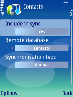 Select Yes in the Include in sync field, type Contacts into Remote database field, type Normal into Synchronisation type field