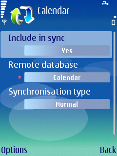 Select Yes in the Include in sync field, type Calendar into Remote database field, type Normal into Synchronisation type field