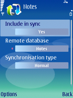 Select Yes in the Include in sync field, type Notes into Remote database field, type Normal into Synchronisation type field