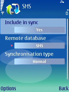 Select Yes in the Include in sync field, type SMS into Remote database field, type Normal into Synchronisation type field