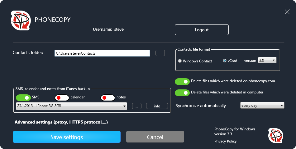 Open PhoneCopy for Windows application